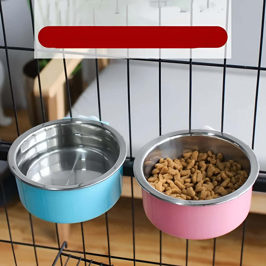 Hanging stainless steel dog and cat bowl in sky blue, pink or green, small 13cm or large 16cm, anti-overturning cage bowl