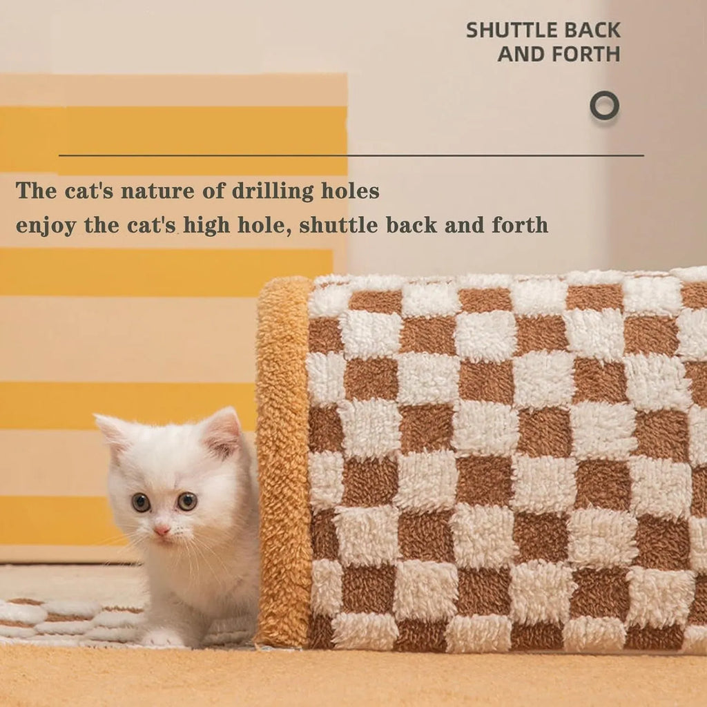 Brown plaid cat tunnel bed with central mat showing fluffy material and non-slip bottom