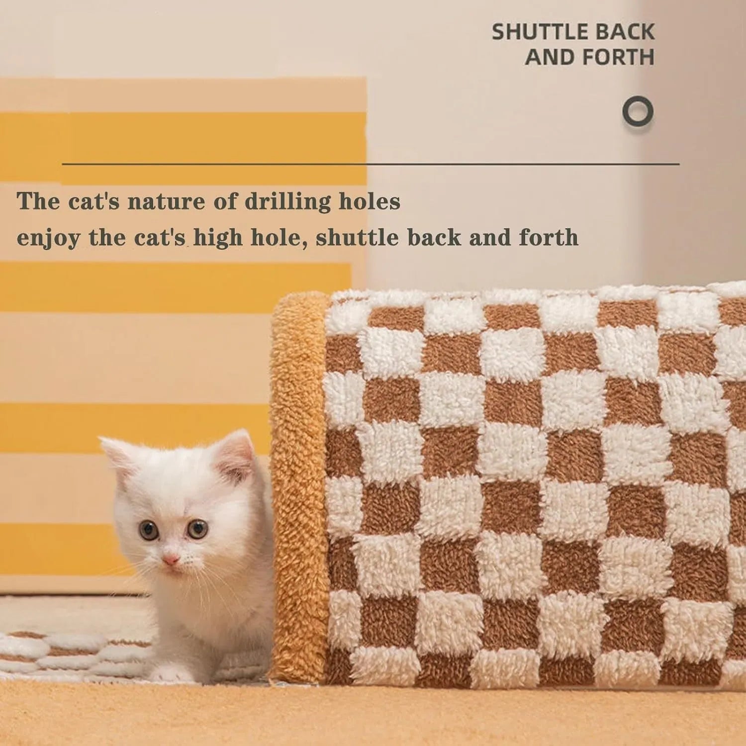 Brown plaid cat tunnel bed with central mat showing fluffy material and non-slip bottom