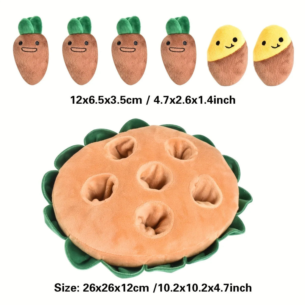 Yellow interactive dog puzzle with removable squeaky plush toys and slow feeder play pads