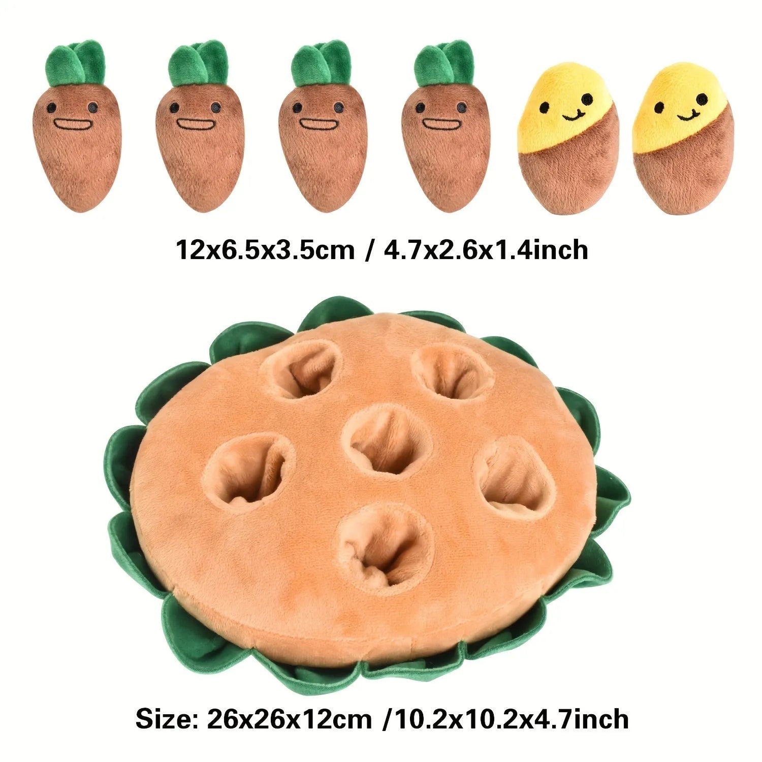Yellow interactive dog puzzle with removable squeaky plush toys and slow feeder play pads