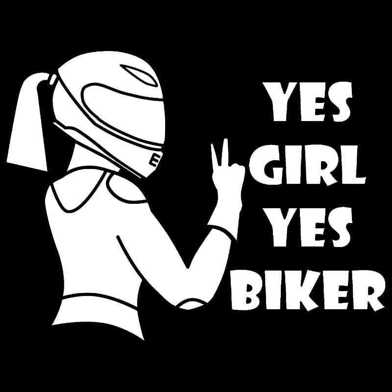 Cool girl rider character car waterproof sticker measuring 16cm by 15cm in black, white, and laser colours.