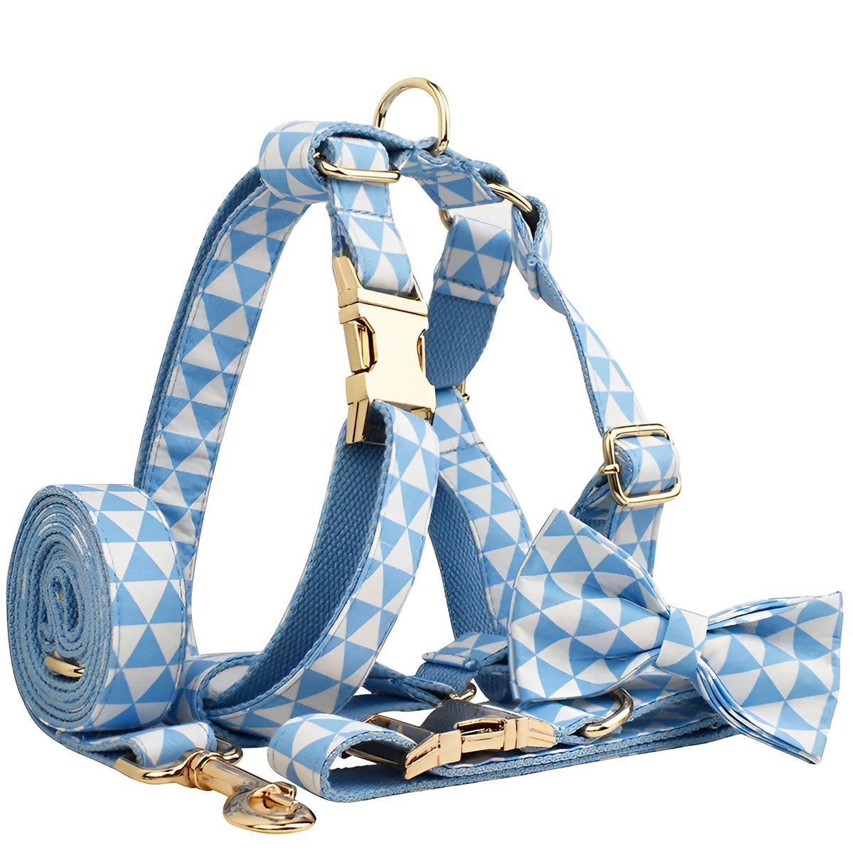 Blue triangular rope ring dog accessory set with matching vest, collar and bow decoration