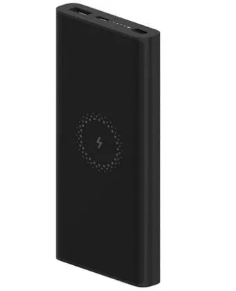 White and black 10000mAh portable power bank with USB-C and USB-A ports for fast and wireless charging.