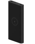 White and black 10000mAh portable power bank with USB-C and USB-A ports for fast and wireless charging.