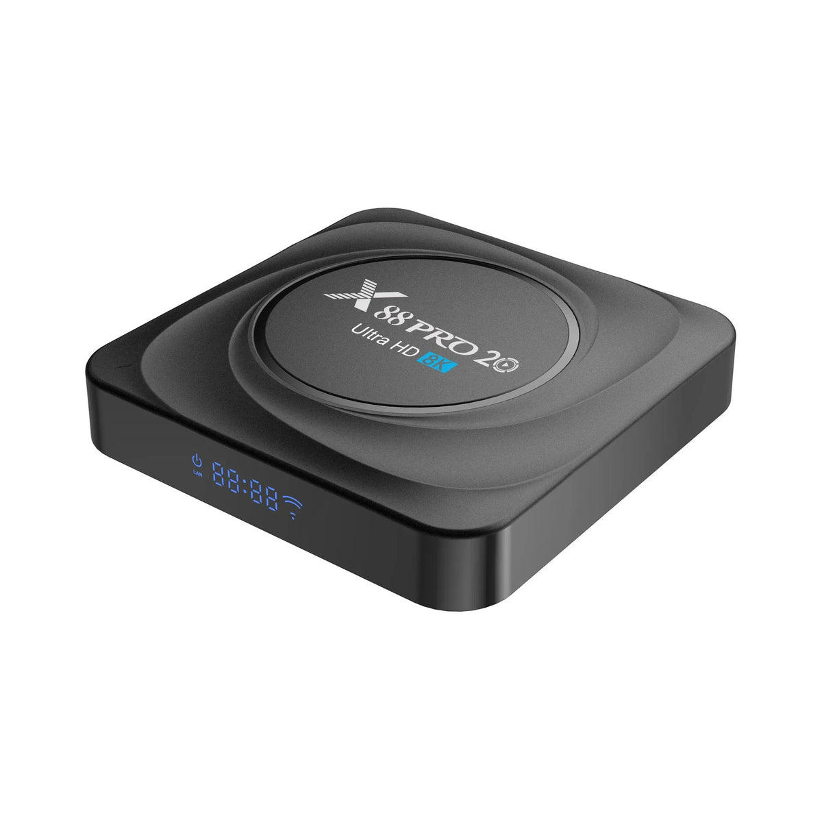 Compact black Android 11 smart TV box with HDMI port, remote control, and cables on a white background.