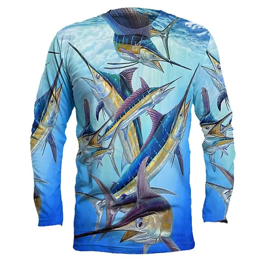 Men's grey round neck long-sleeved pullover with a detailed all-over print of white fish.