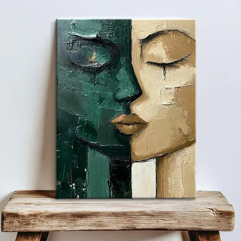 Hand-painted oil painting on canvas, green and beige face, modern vertical one-panel wall art without frame