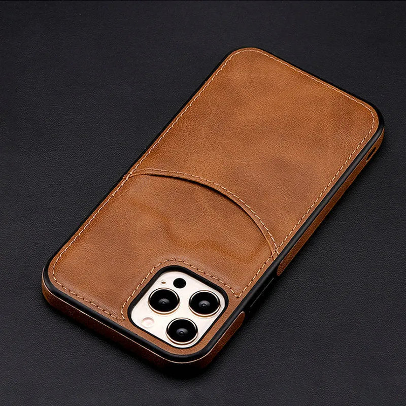 Dark blue PU leather protective case for an iPhone, showing front and back views.