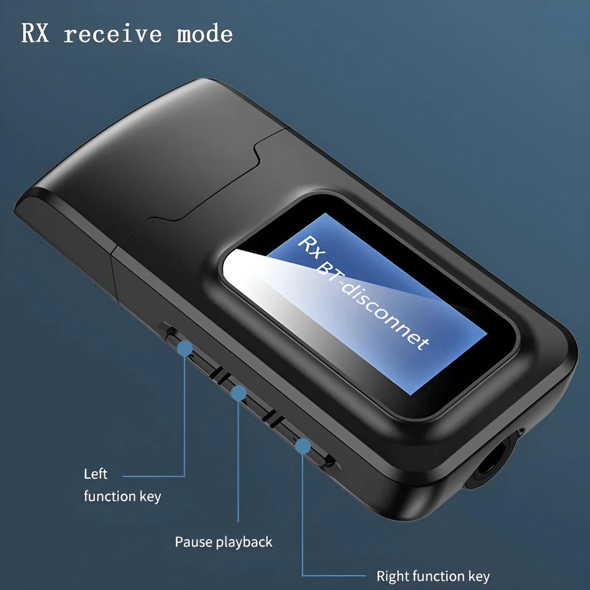Black two-in-one Bluetooth 5.0 audio transmitter with screen display, 3.5mm input, 10m range, 62x26x1mm