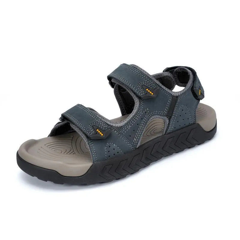 Men's breathable beach sandals with cowhide upper, rubber sole, Velcro fastening, dark gray khaki dark brown.