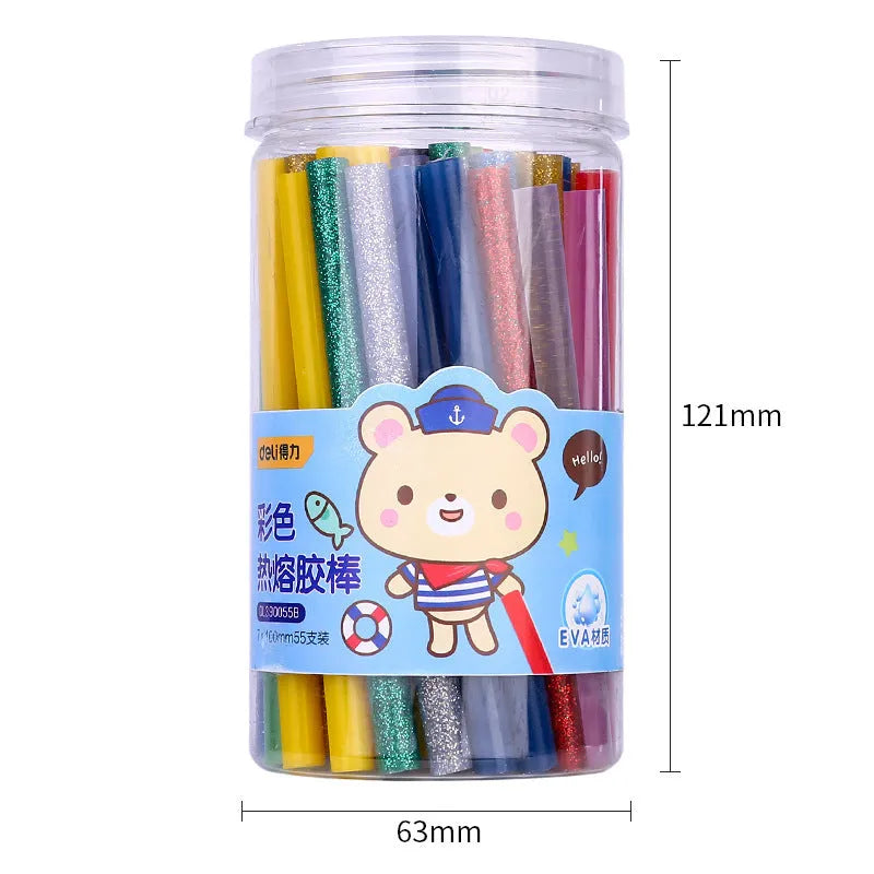 55 transparent hot melt adhesive sticks with 7mm diameter in packaging measuring 63x121mm