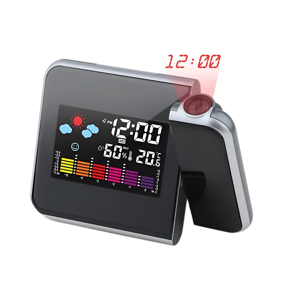 Black digital projection alarm clock showing time, temperature and humidity on its display
