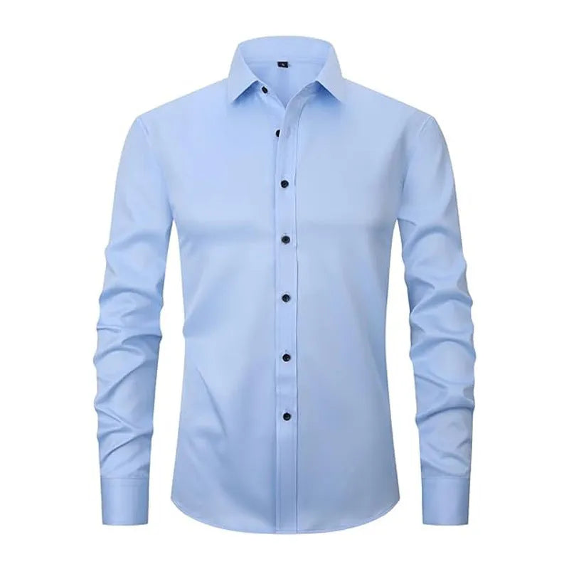 Man wearing a stretch long sleeve work shirt in a solid colour, showing the fit and style.