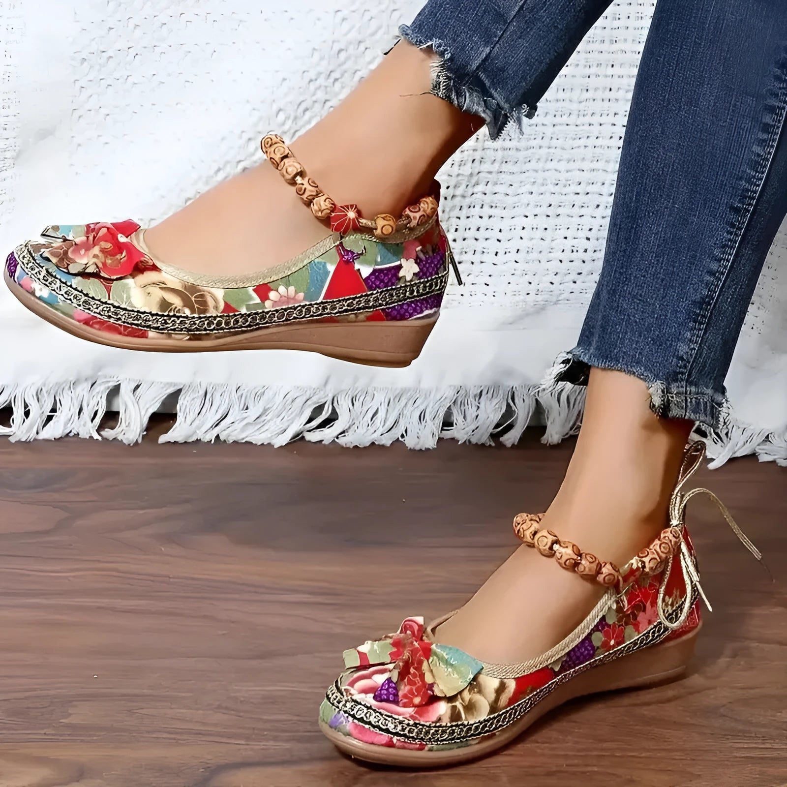 Women's black plus size ethnic platform sandals with elastic band fastening and cloth upper