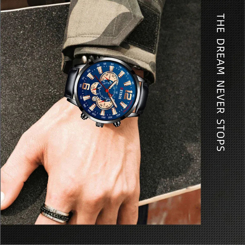 Fake three eye luminous sports watch with black ribbon strap and blue dial, 9mm thick, for men