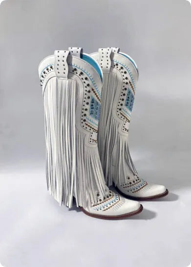 White retro embroidered slip-on boots for women with tassel details and chunky heel, microfiber lining, sizes 35-40