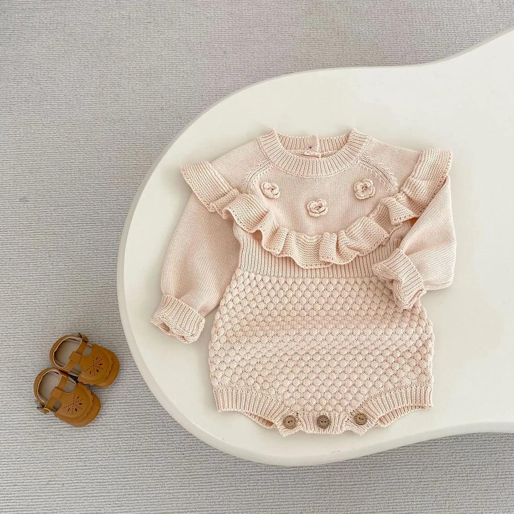 Baby girls stone powder cotton knitted jumpsuit with hand crochet flower pineapple plaid, long sleeve pullover