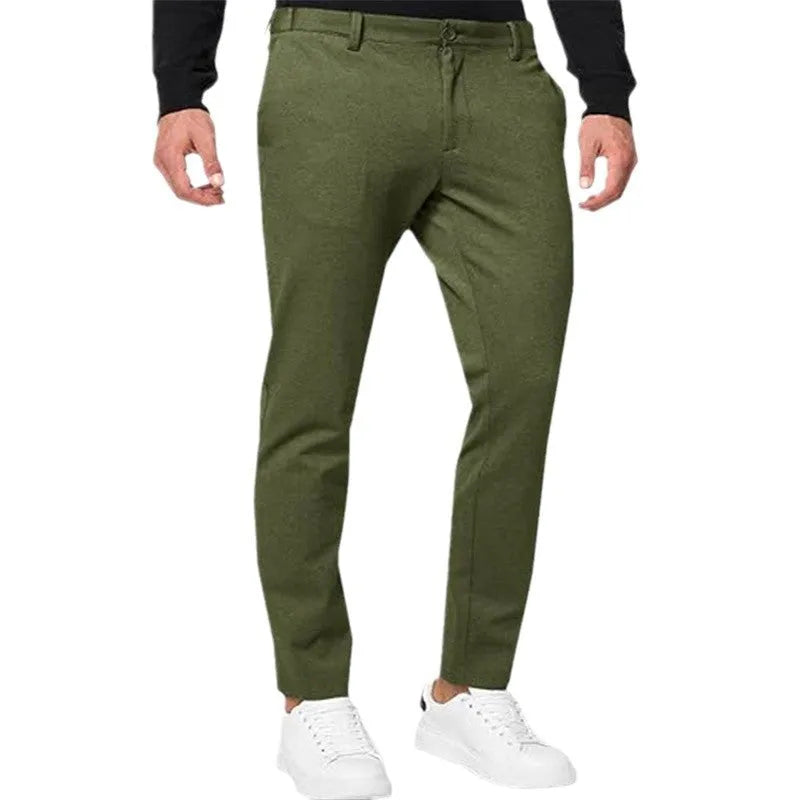 Men's slim-fit tapered chino trousers in Army Green colour showing pleated front detail