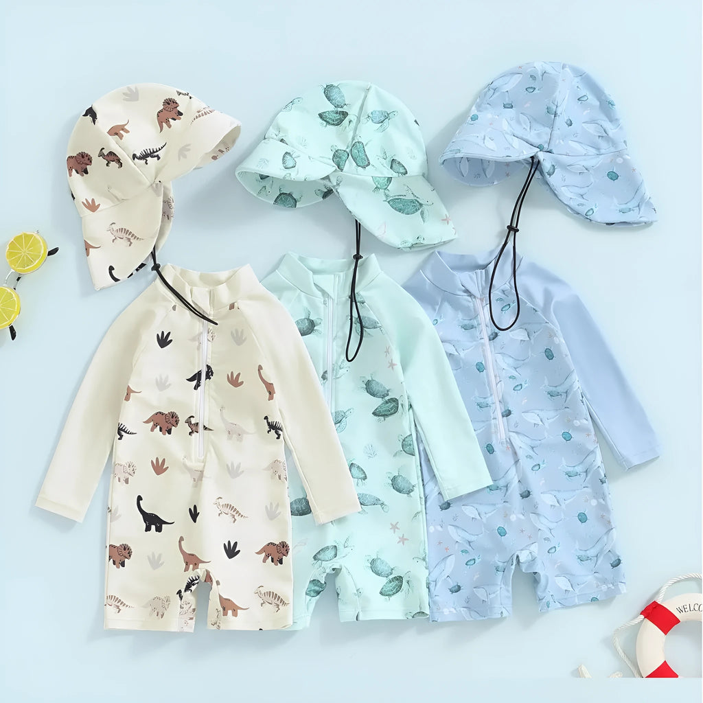 Girls long-sleeve one-piece swimsuit with attached hat in ivory white, light green, or slabstone grey, sizes 70-110