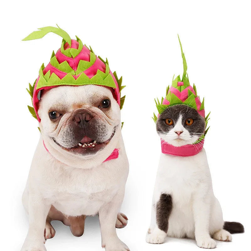 Pitaya fruit design pet hat in pink green for cats and dogs, size L, velvet felt and nylon, 28-42cm neck