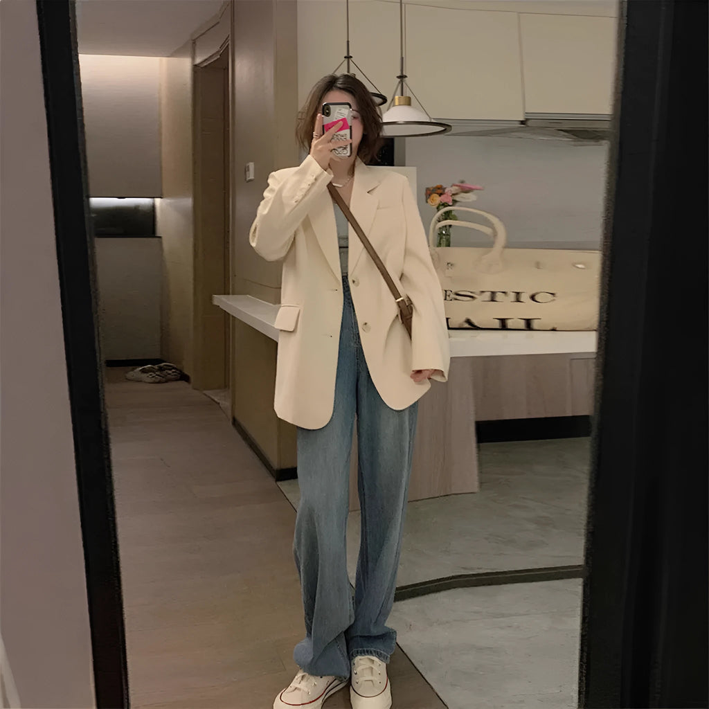 Korean-style street suit jacket in polyester with pockets and long sleeves for commuting wear
