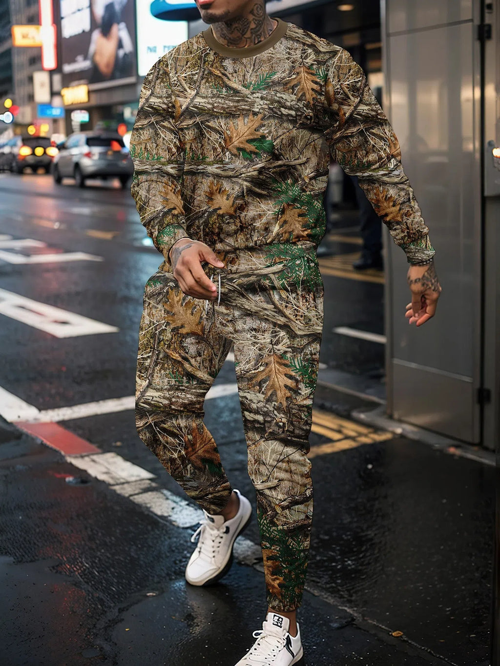 Two-piece jungle camouflage sportswear set with long-sleeve round neck top and matching trousers on a male model
