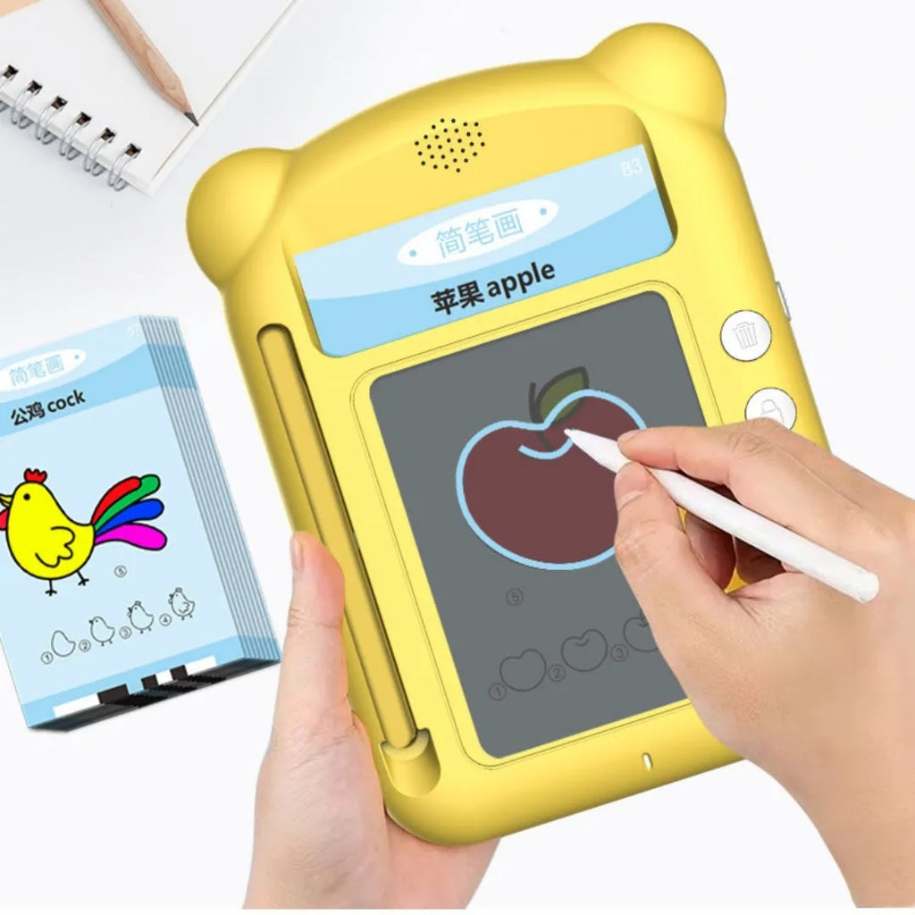 Yellow bilingual early learning machine with educational cards for English and Chinese language instruction