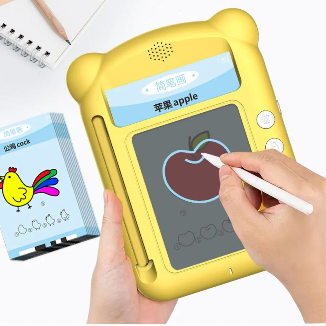 Yellow bilingual early learning machine with educational cards for English and Chinese language instruction