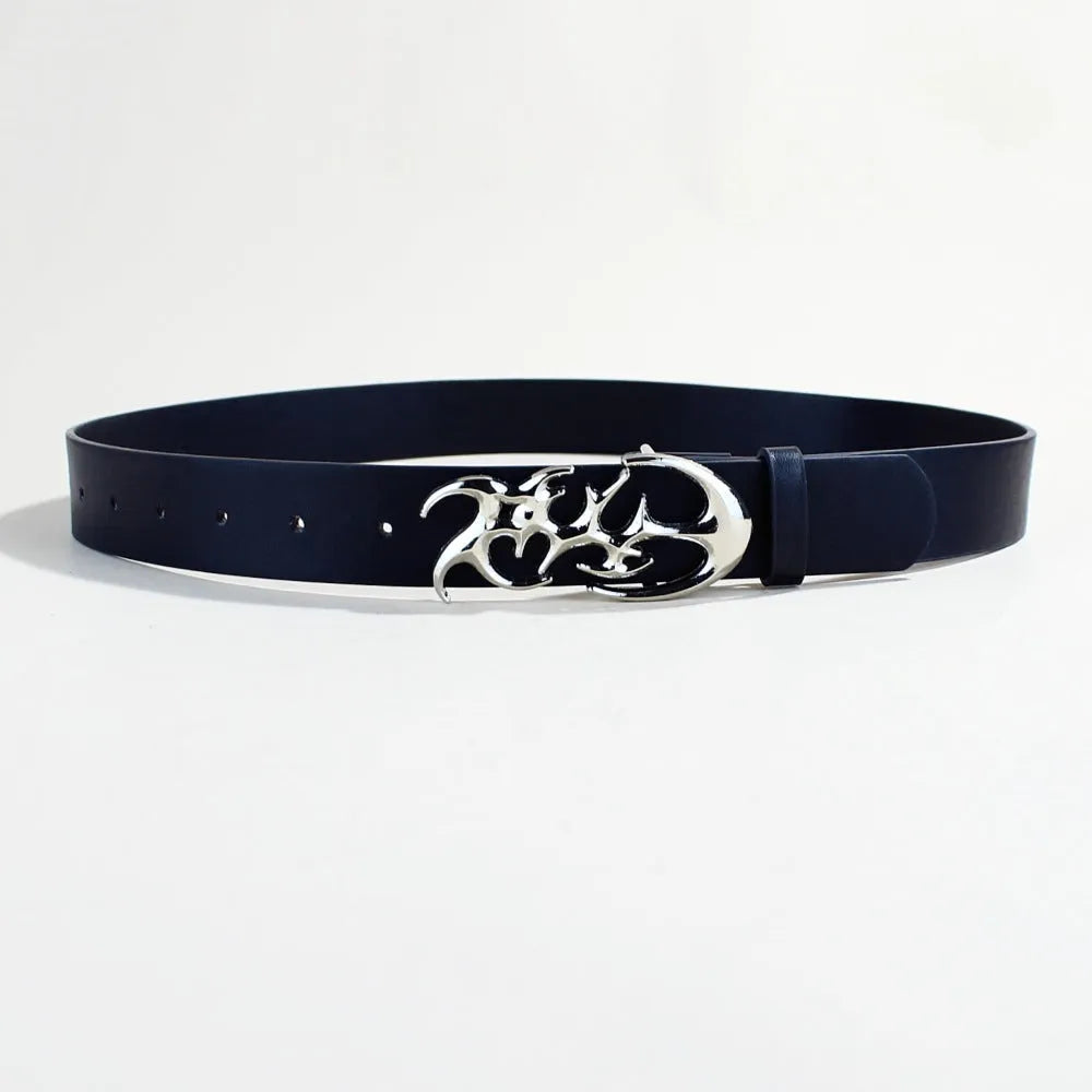 Silver buckle casual PU leather belt with snap button fastening, shown flat.