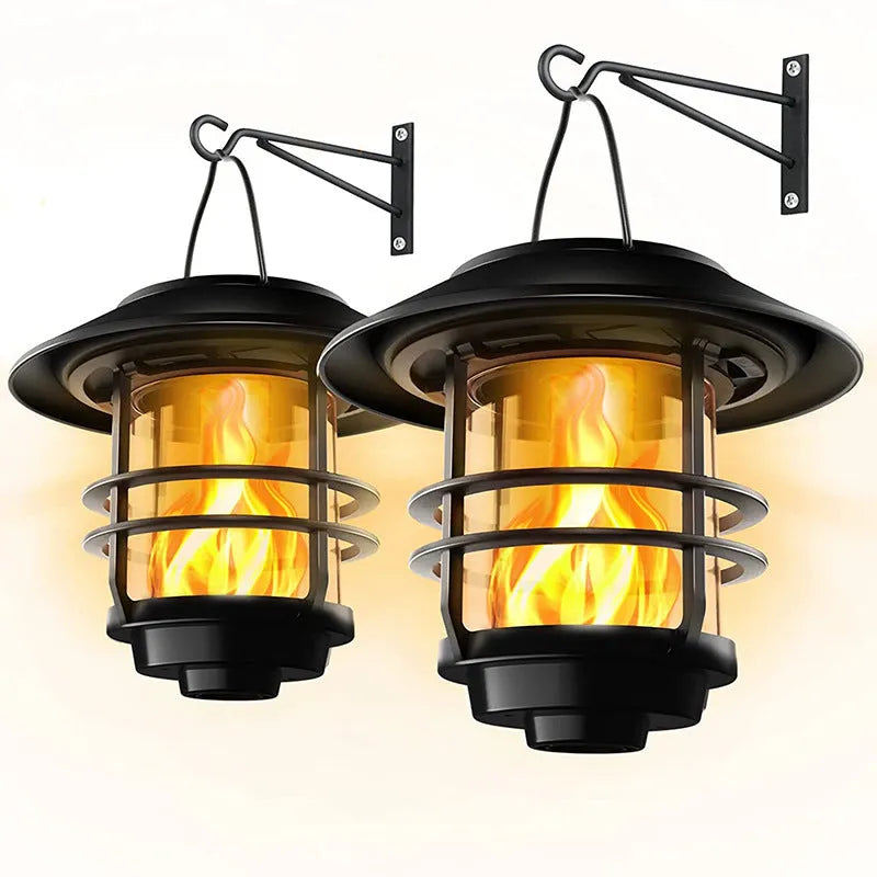 Solar LED outdoor glass wall lamp with IP65 rating, shown as a wall-mounted garden light in Flame light or Warm light