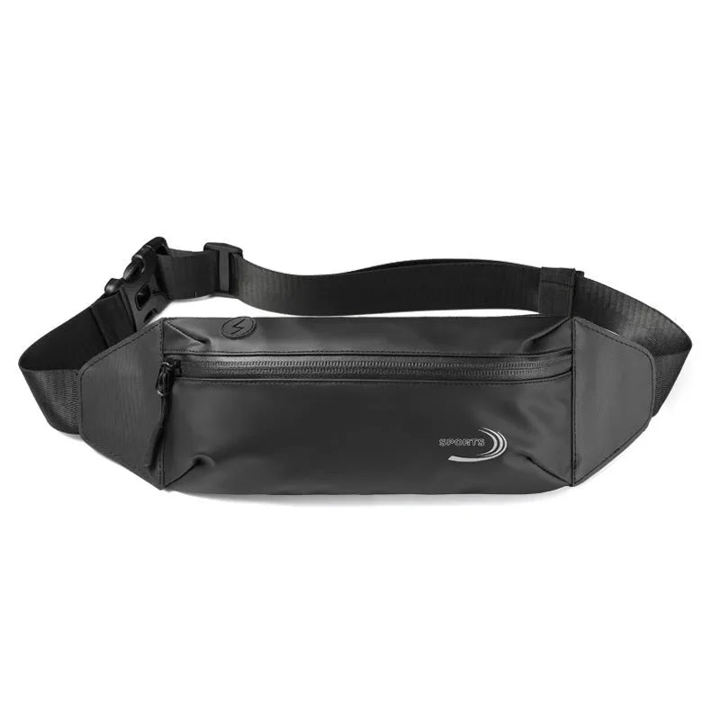 Men's waterproof Derm Oxford polyester sports waist bag in black, shown on waist during activity.