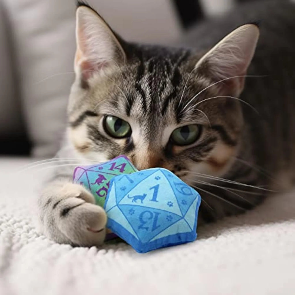 Soft plush dice cat toy filled with organic catnip in blue, purple, green, and pink colour options
