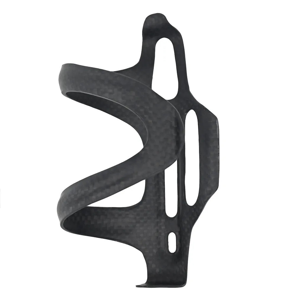 Black carbon fibre side-pull bicycle water bottle cage mounted on a bike frame.