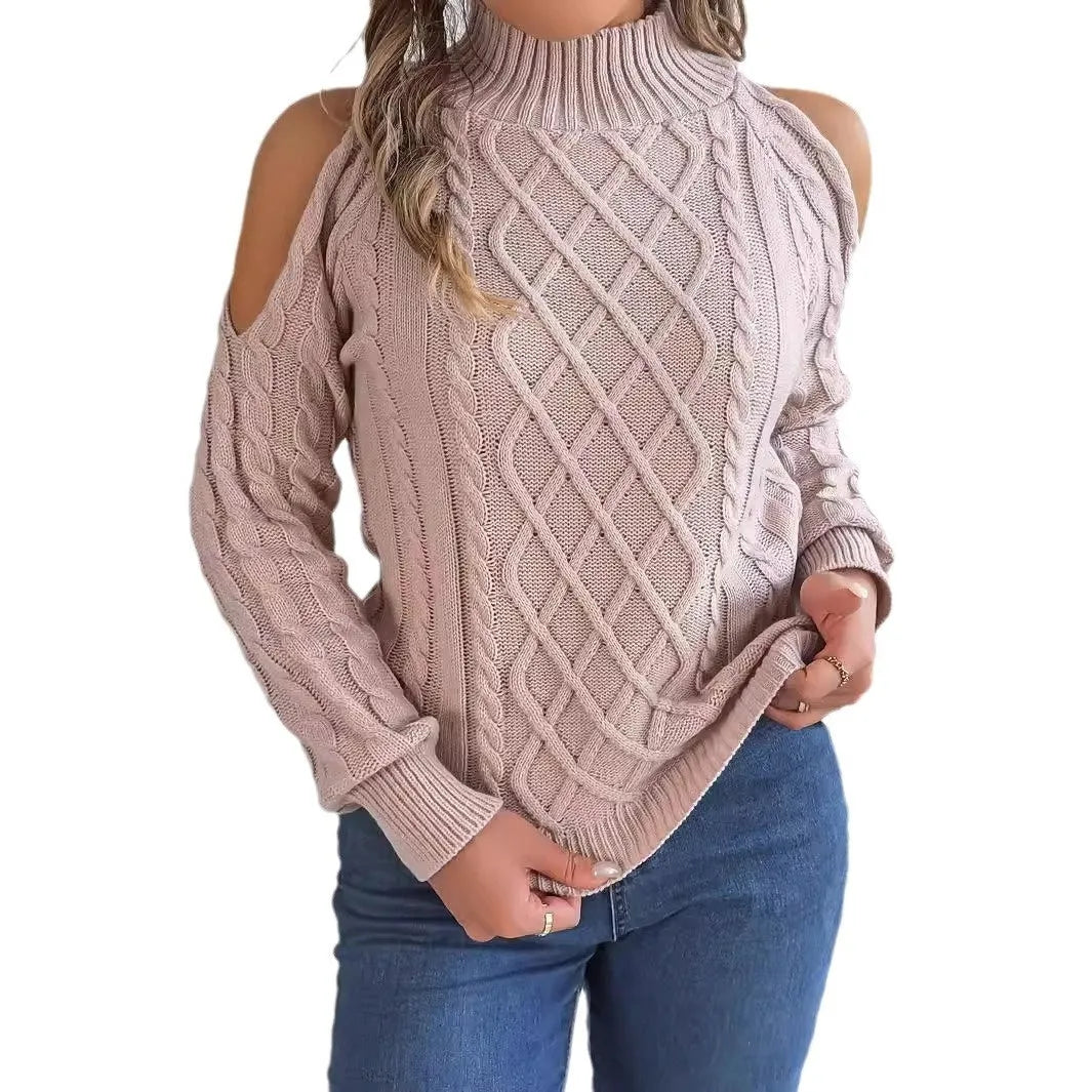 Gray women's strapless sweater with twist detail, half-high collar, and long lantern sleeves on a hanger.