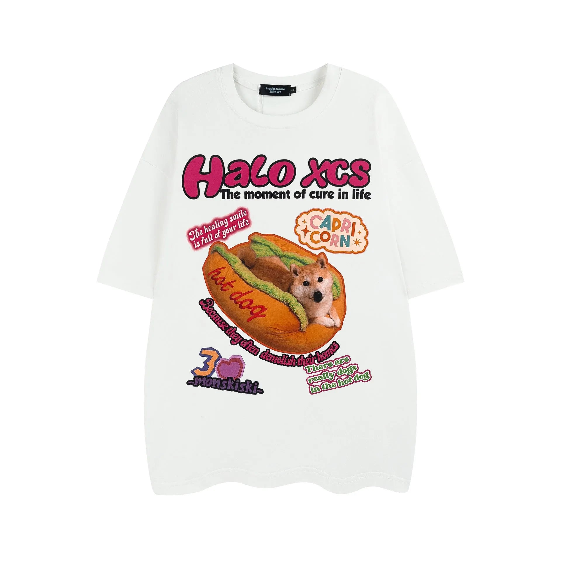 Cartoon hamburger dog printed cotton T-shirt in loose fit, shown in white colour.