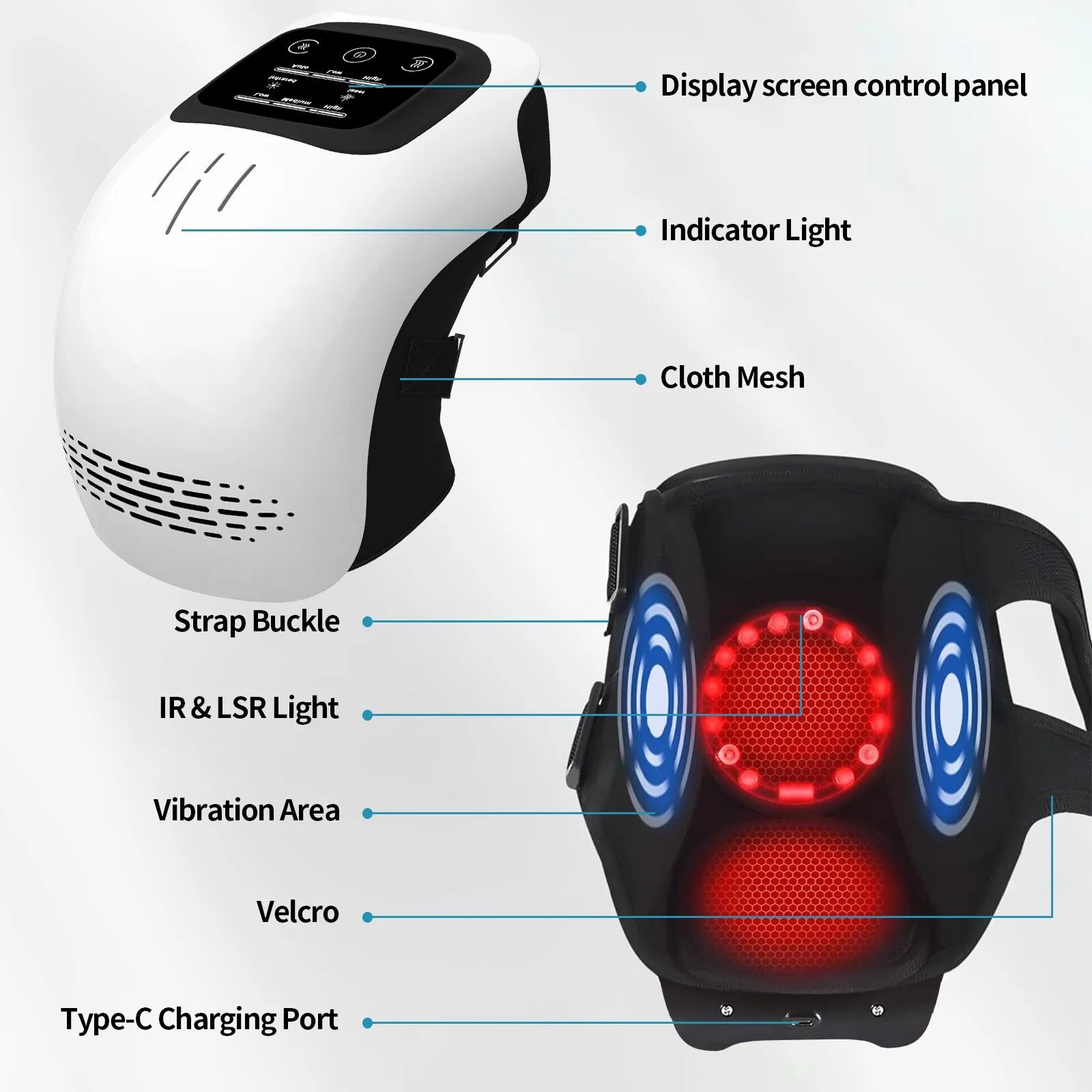 White electric knee massager with adjustable straps showing infrared heating and kneading mechanisms