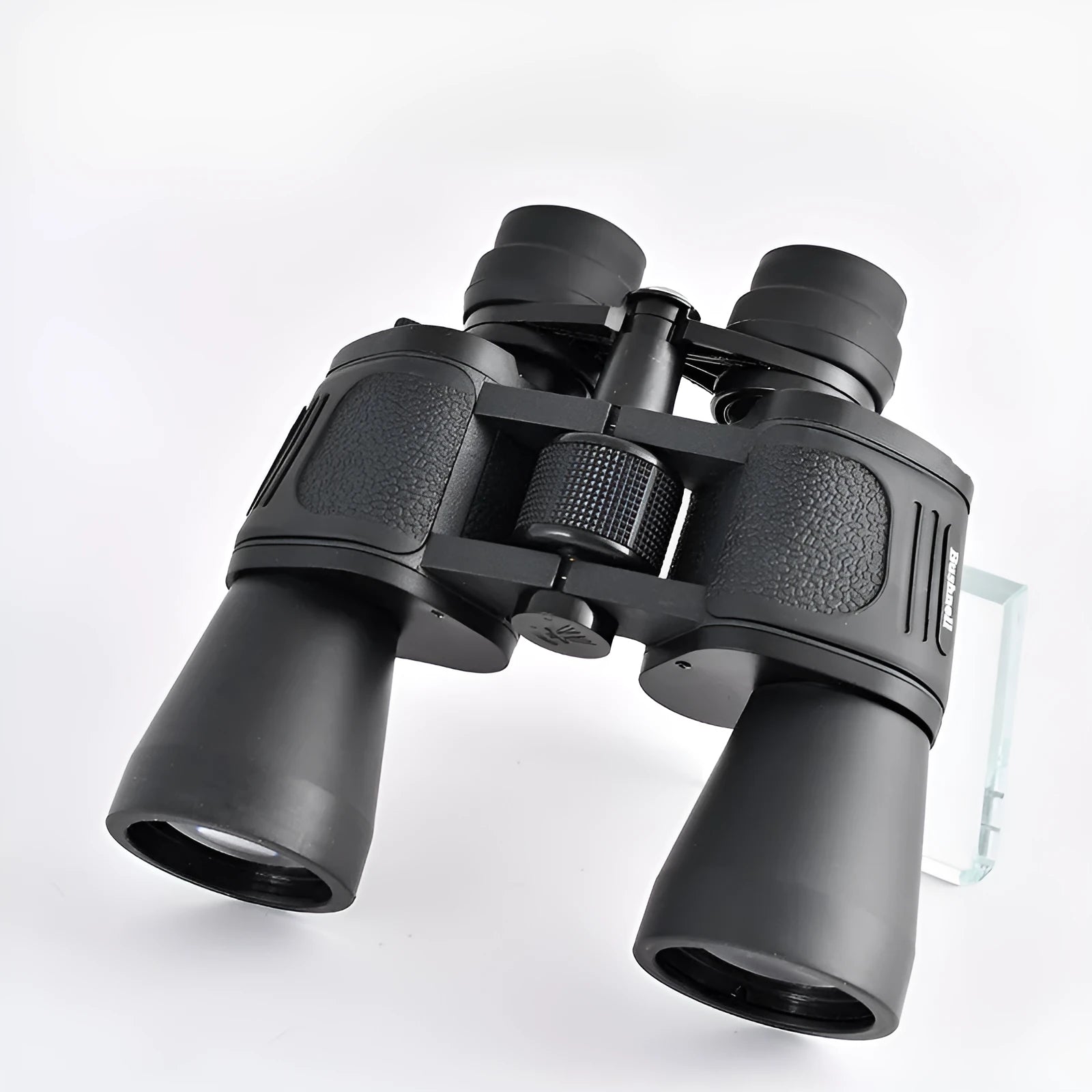 Black outdoor binoculars with large 100mm objective lenses and continuous zoom control.