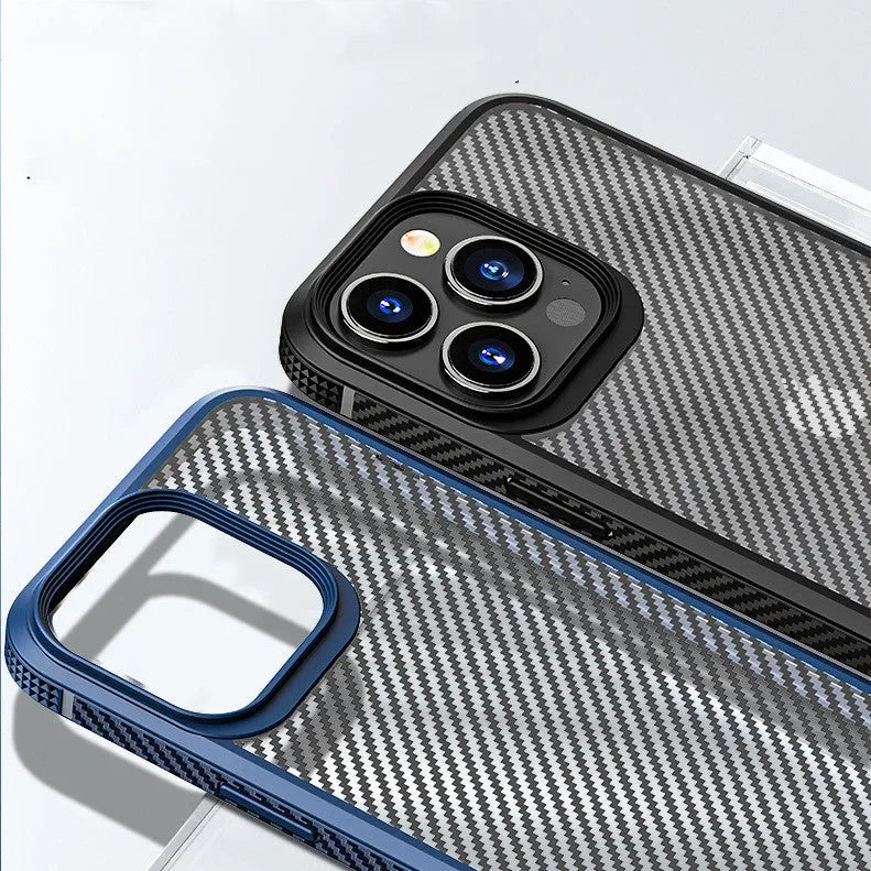 Black anti-fall protective back cover for iPhone 13 series with carbon fibre pattern