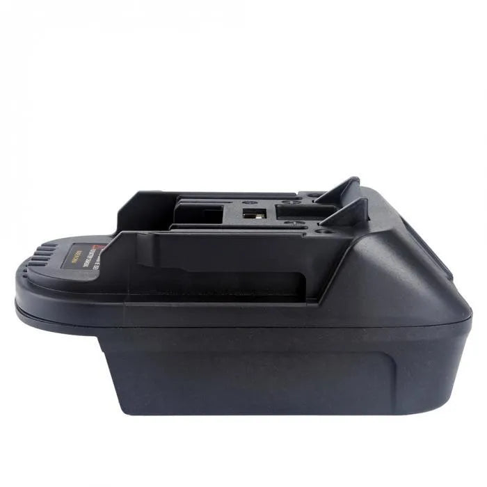 Black battery adapter for converting Milwaukee DM18M tools to use Makita H99F batteries