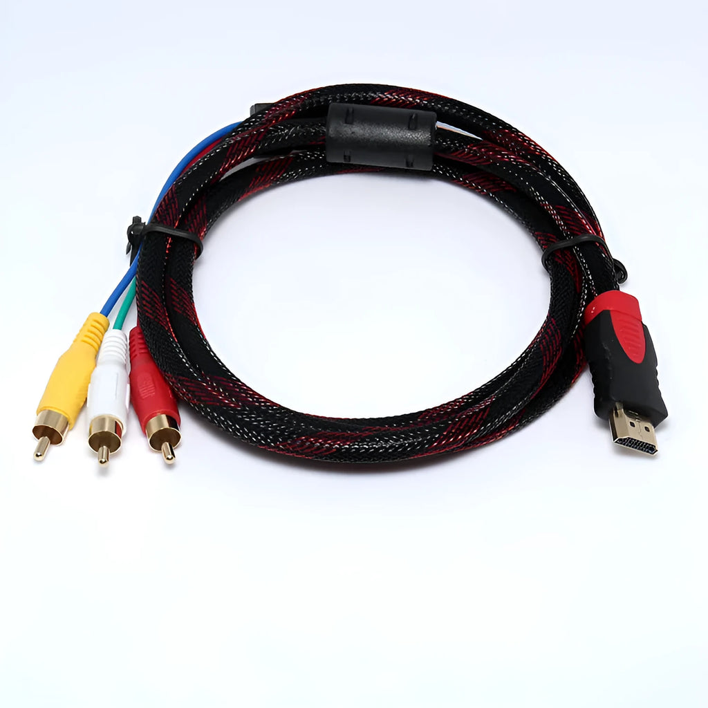 HDMI to AV15 M conversion cable showing HDMI plug and three-phono AV plug on a 1.5m cable