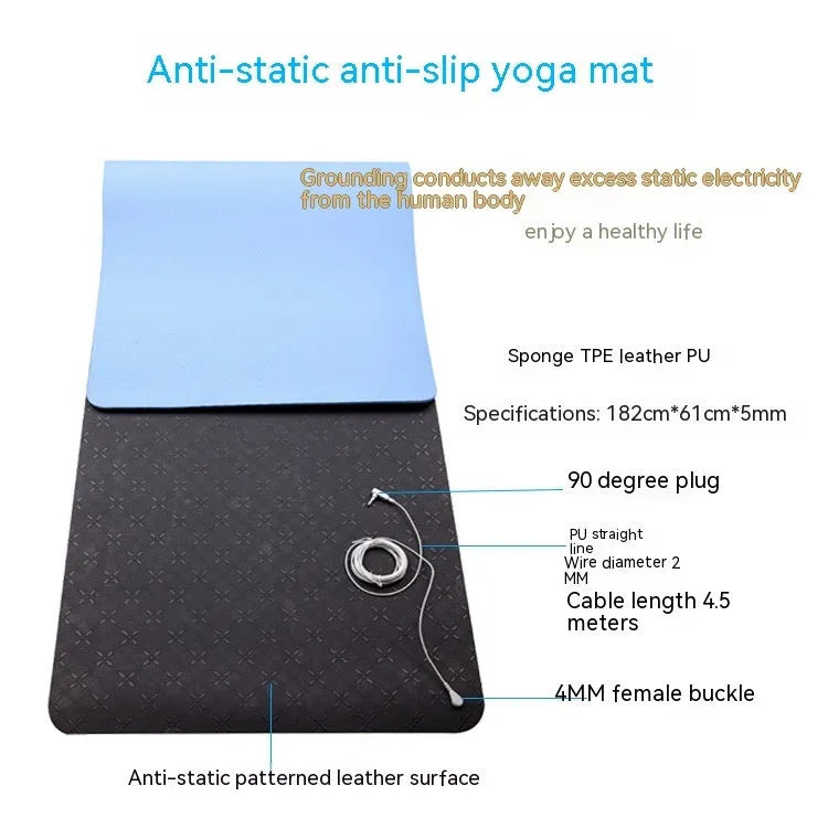 Blue conductive grounding yoga mat with plants pattern and integrated wire, 182cm long.