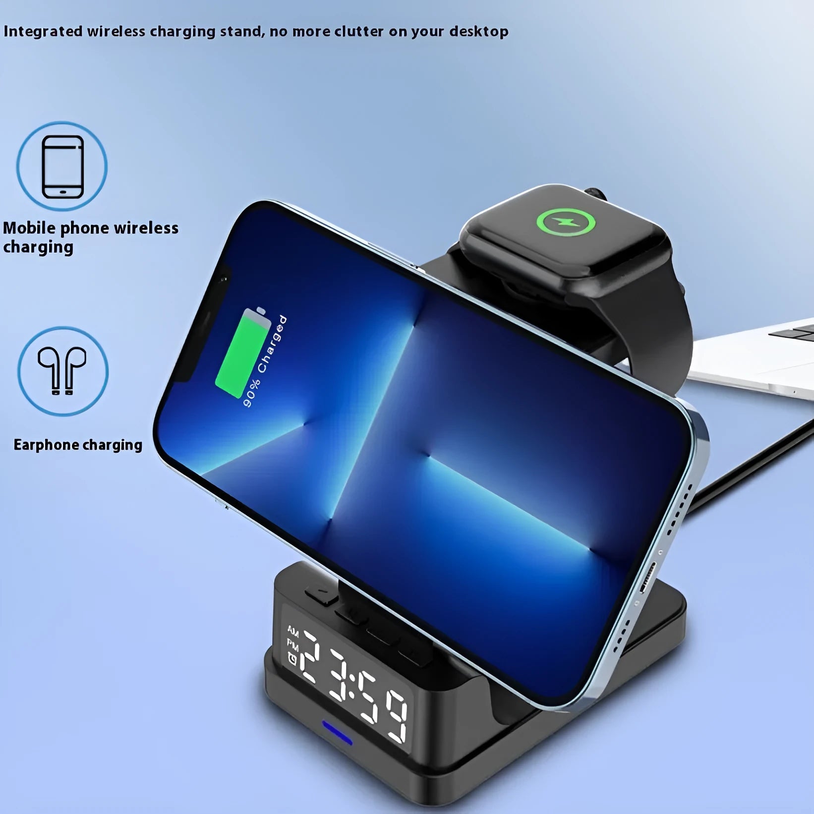 Black magnetic three-in-one wireless charger with clock on desk charging phone, watch, and earbuds