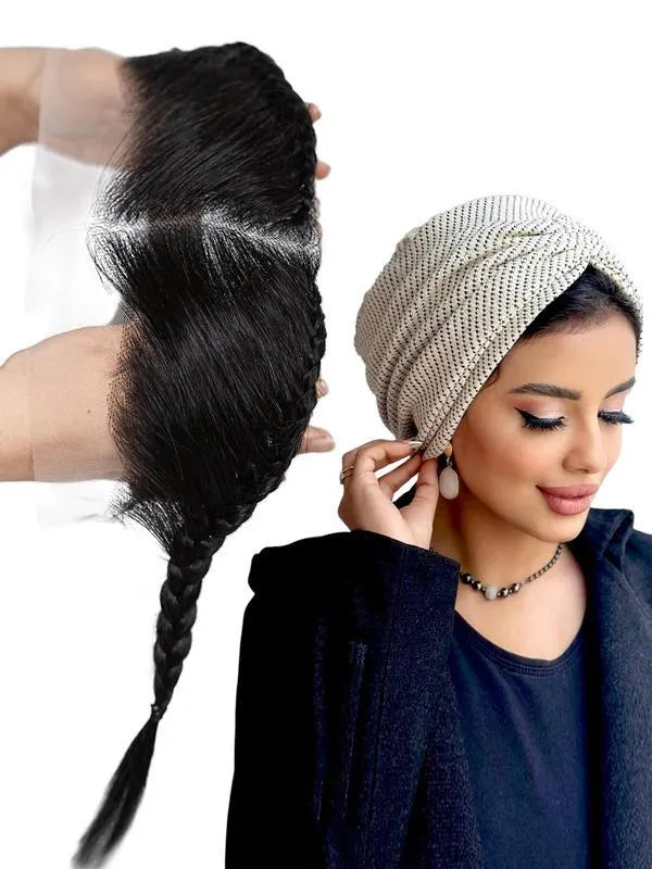 Black 10 inch pre braided lace frontal wig with long straight bangs, glueless human hair