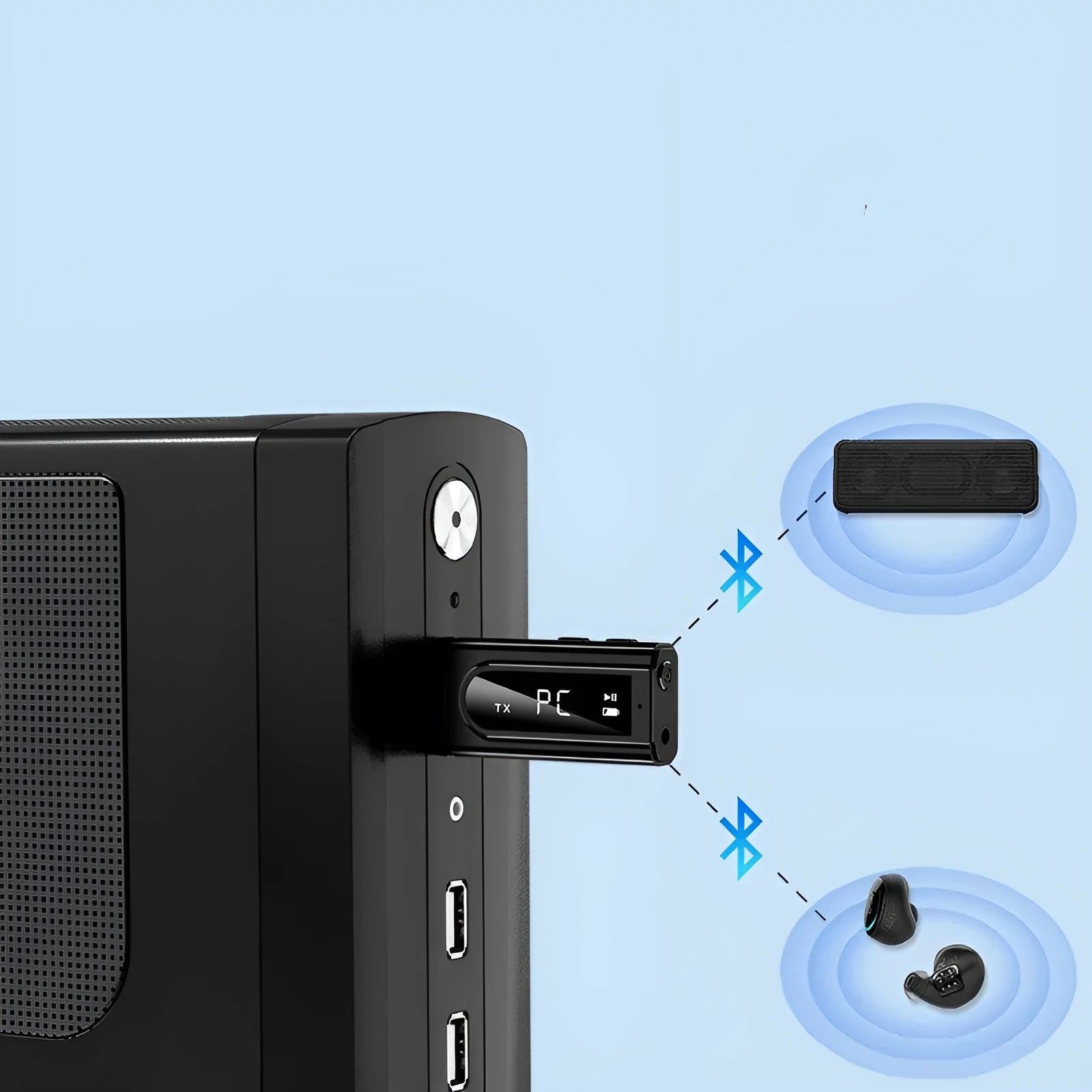 Black USB car FM Bluetooth receiver with USB and AUX ports for wireless audio streaming