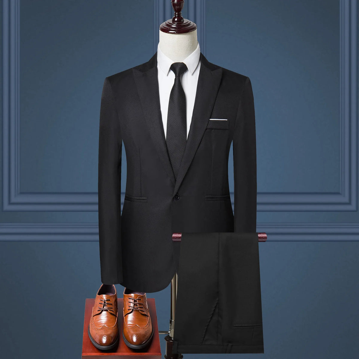 Men's solid colour two-piece leisure suit set with matching coat and trousers, polyester, sizes M to 5XL