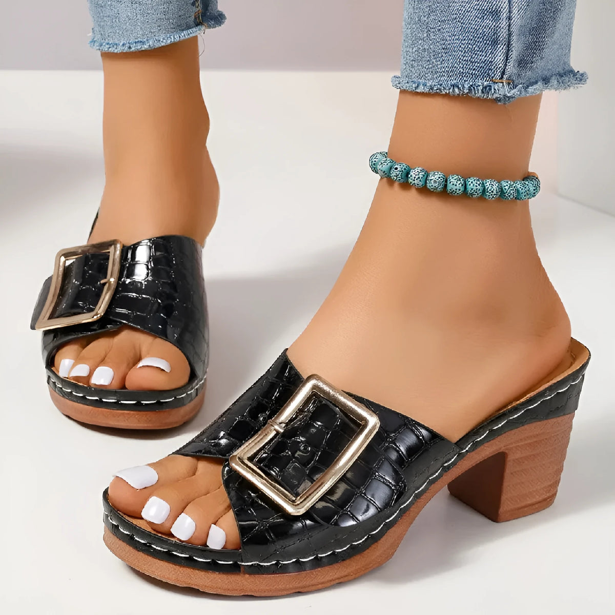 Crocodile-textured buckle slide sandals with square chunky heel and peep-toe front, black or orange