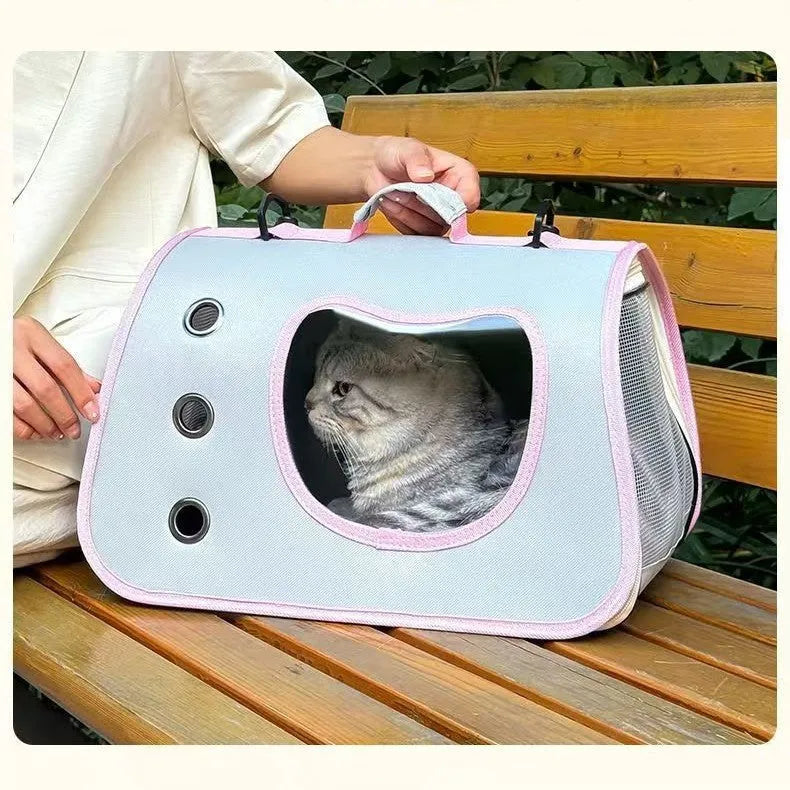 Portable breathable pet bag in Oxford PVC, medium-hard, solid colour, available in five colours