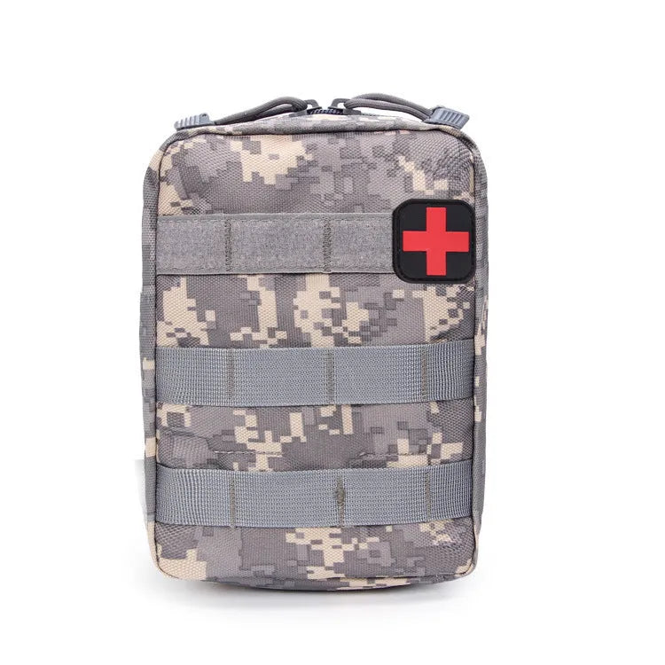 Army green tactical medical accessory bag with Velcro patches, shown with dimensions.