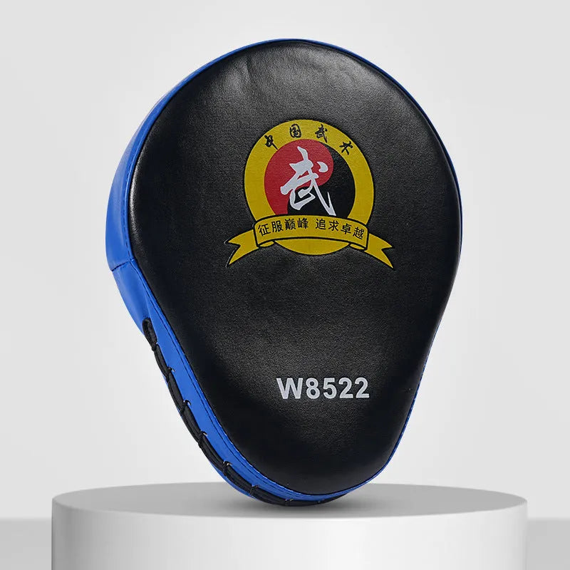 PU leather boxing punch mitts for martial arts training in red, black, blue, and yellow colour options.
